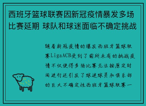 西班牙篮球联赛因新冠疫情暴发多场比赛延期 球队和球迷面临不确定挑战